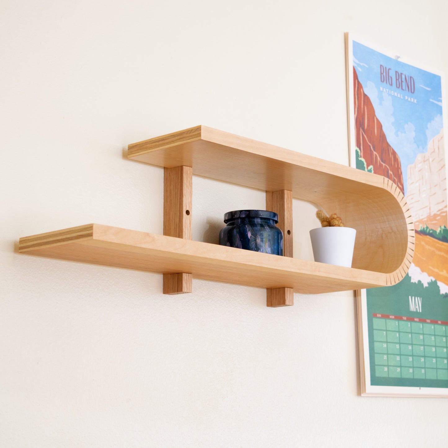 Braced Bent Oval Shelf | Handmade Mid Century Modern Geometric Floating Shelf | Modern Minimal Wood Display Shelf | Unique Wall Bookshelf