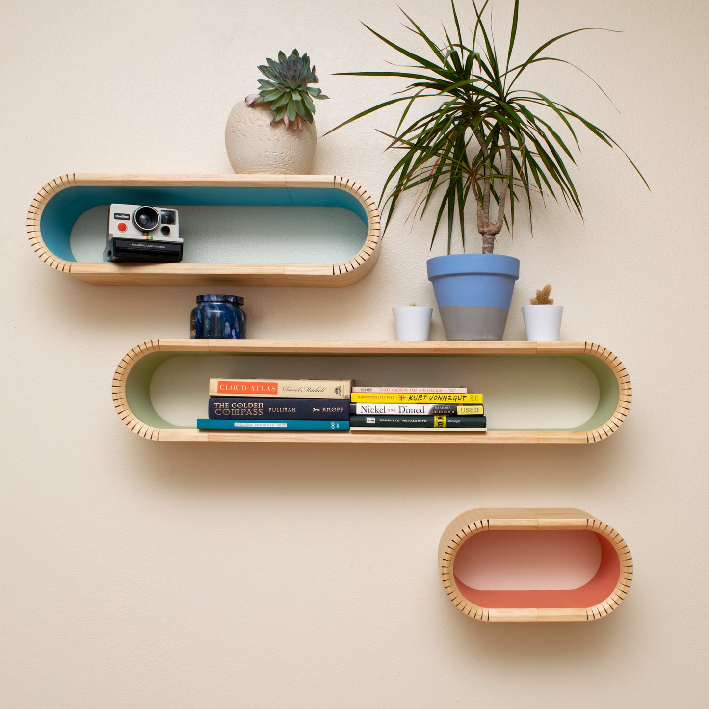 Colorful Oval Mid Century Modern Floating Shelves | Decorative Wall Shelf | Floating Bookshelf | Accent Wall Shelving | MCM Floating Shelf