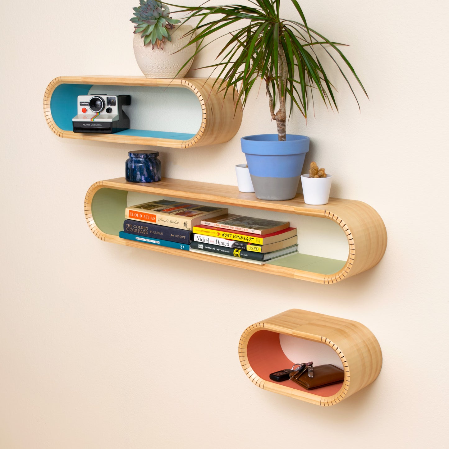 Colorful Oval Mid Century Modern Floating Shelves | Decorative Wall Shelf | Floating Bookshelf | Accent Wall Shelving | MCM Floating Shelf