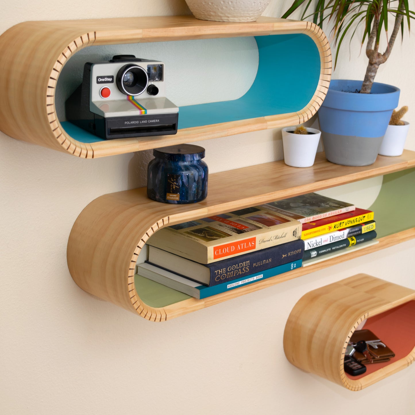 Colorful Oval Mid Century Modern Floating Shelves | Decorative Wall Shelf | Floating Bookshelf | Accent Wall Shelving | MCM Floating Shelf