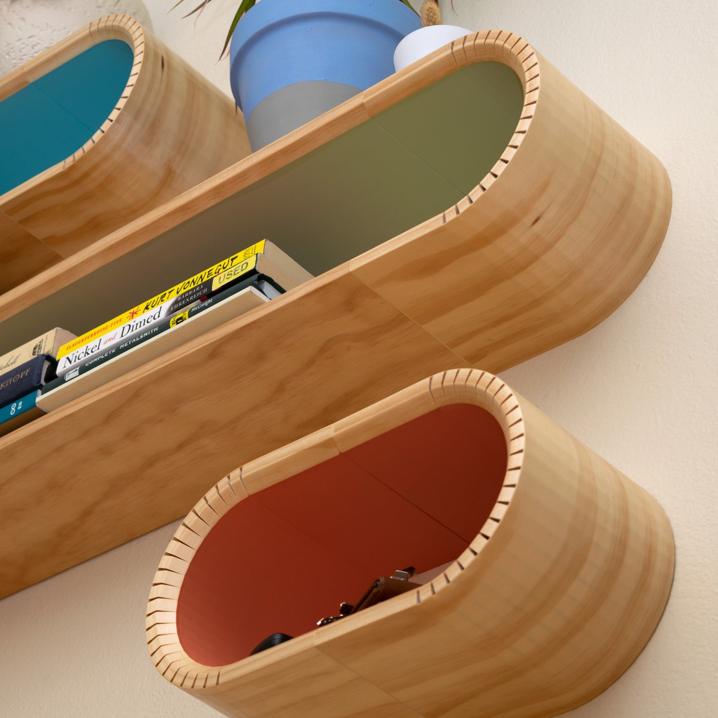 Colorful Oval Mid Century Modern Floating Shelves | Decorative Wall Shelf | Floating Bookshelf | Accent Wall Shelving | MCM Floating Shelf