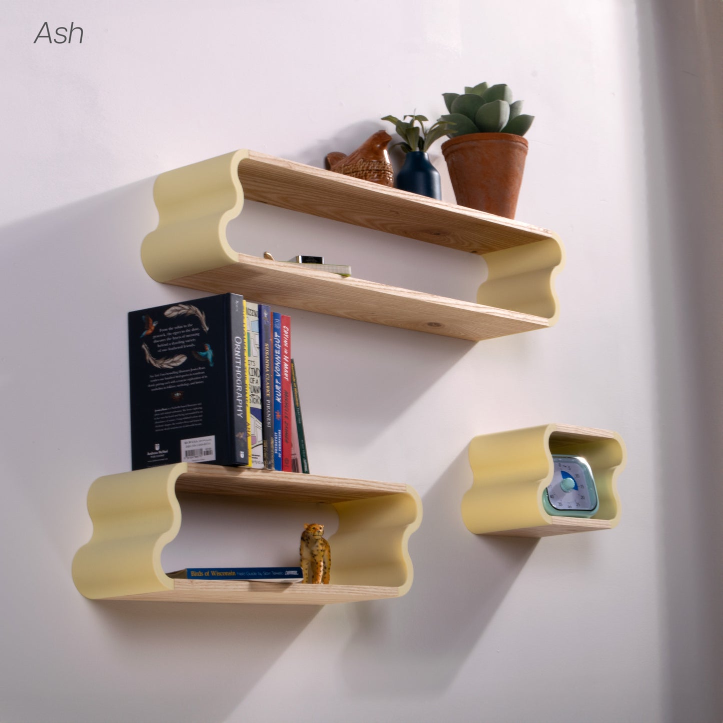 Squiggle Floating Shelves | Pastel Accented Cherry and Ash Hardwood Shelving | Modular Display & Storage | Floating Shelving | Wall Shelf