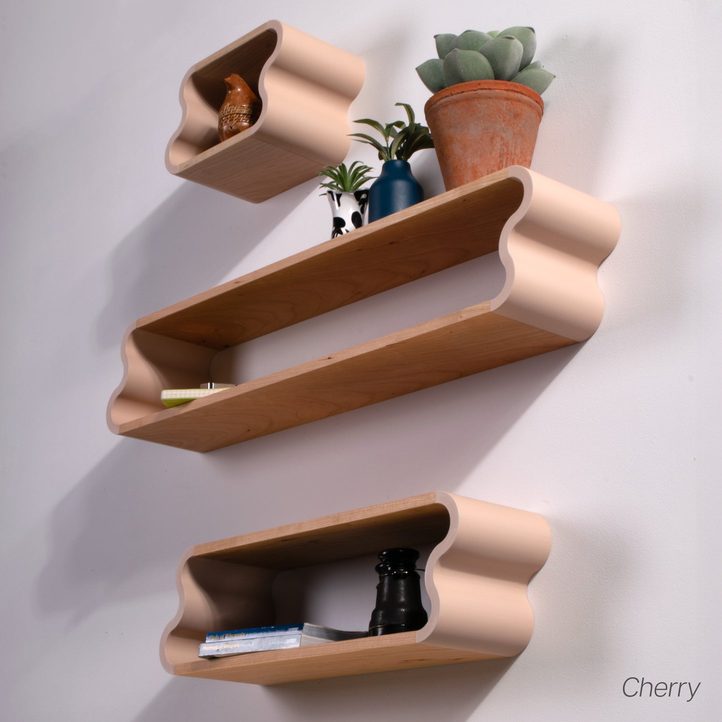 Squiggle Floating Shelves | Pastel Accented Cherry and Ash Hardwood Shelving | Modular Display & Storage | Floating Shelving | Wall Shelf