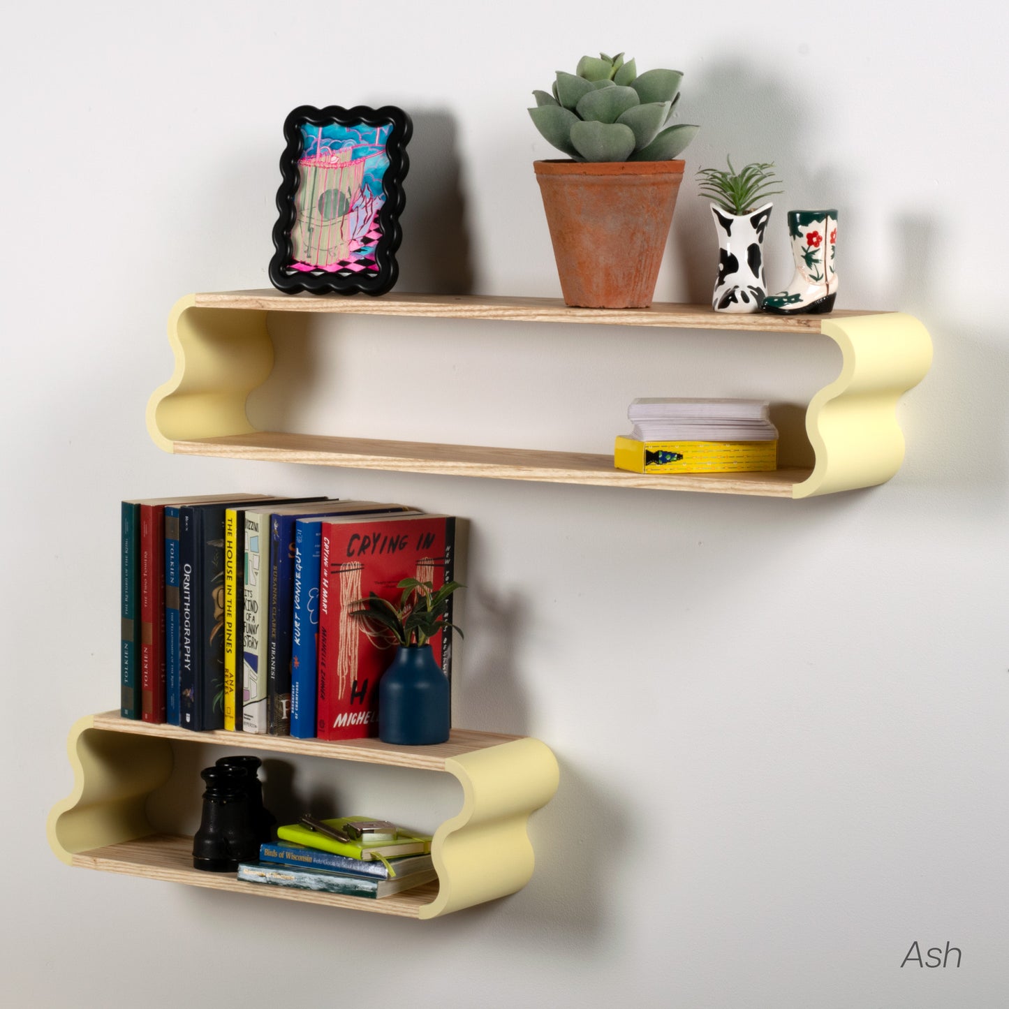 Squiggle Floating Shelves | Pastel Accented Cherry and Ash Hardwood Shelving | Modular Display & Storage | Floating Shelving | Wall Shelf