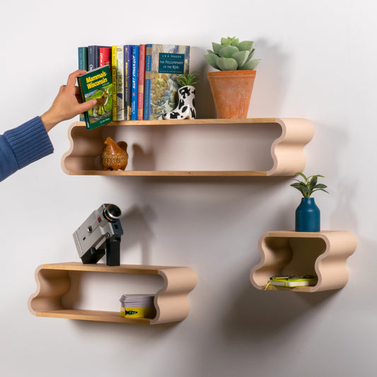 Squiggle Floating Shelves | Pastel Accented Cherry and Ash Hardwood Shelving | Modular Display & Storage | Floating Shelving | Wall Shelf
